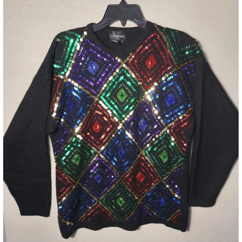 Vintage‎ 90s Sequin Beaded Sweater Black Argyle | Rabbit Hair Lambswool Blend LG